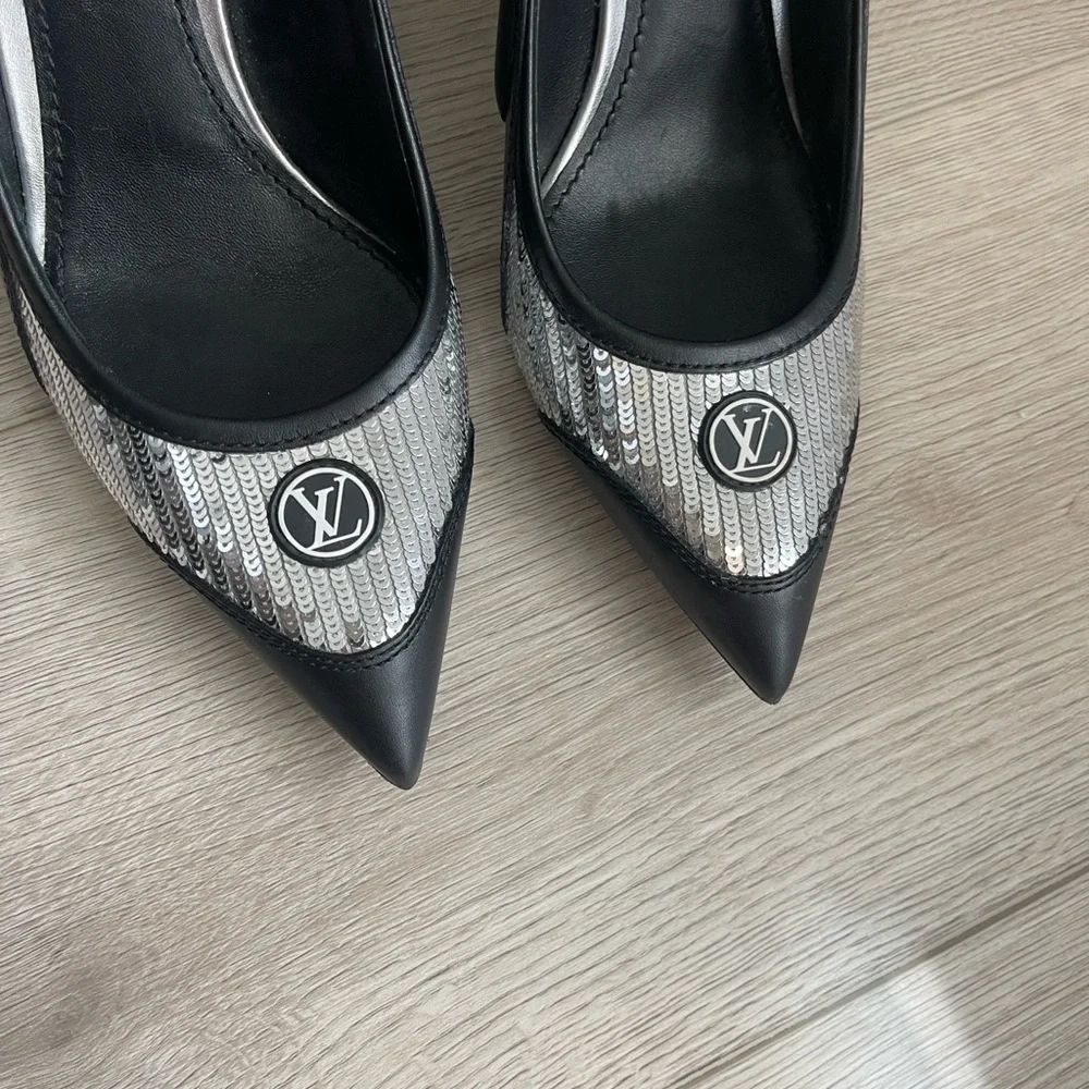 Louis Vuitton Black and Silver Slingback Heels - Picture 2 of 4